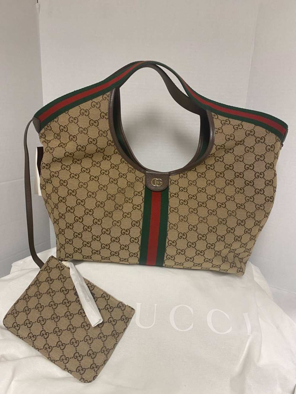 Gucci Beige GG Supreme Tote with Green and Red Web
